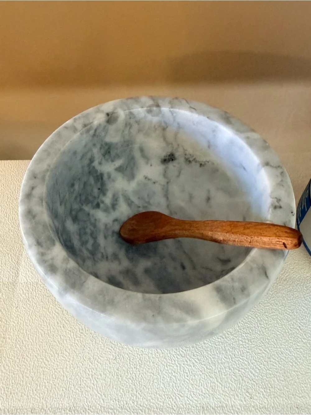 White Marble Salt Cellar with Wooden Lid & Spoon NWOT